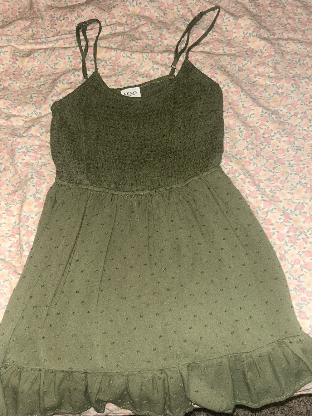 Le Lis Olive Green Swiss Dot Romper with Ruffle Hem